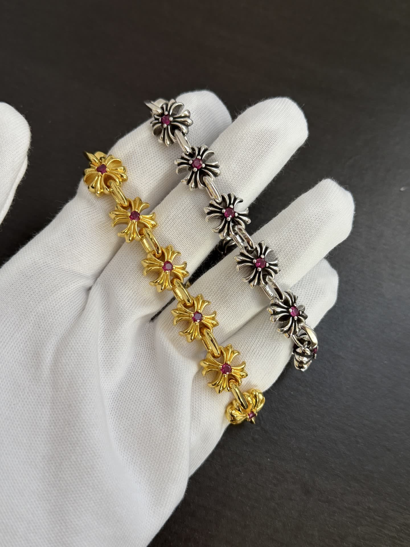 Chrome Hearts Elegant Gold and Silver Flower Bracelets with Ruby Stones